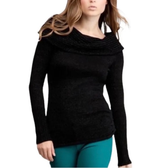 Bebe Black Shimmer Luxe Midtown Cowl Neck Off The Shoulder Sweater Size Small - Picture 10 of 10